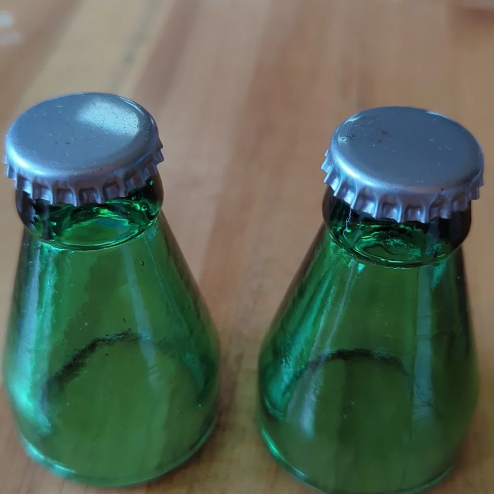 Shot glasses, set of two vintage green bottle top shot glasses